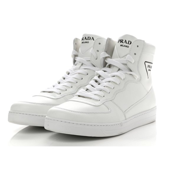 PRADA High Top Sneakers White Soft Leather Triangle Logo Lace up Men's 5.5 - Picture 1 of 11